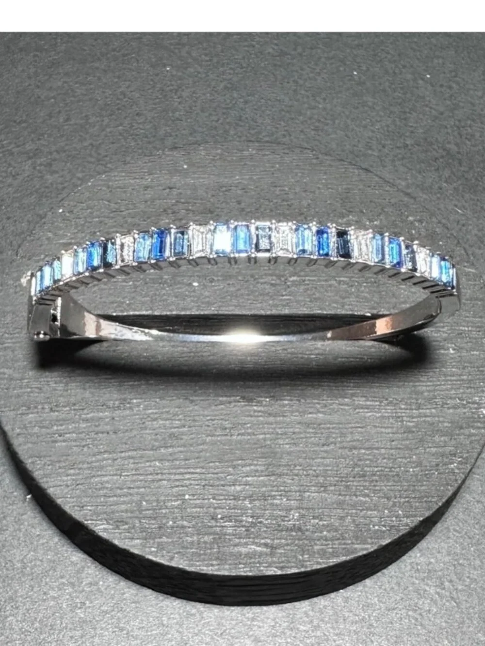 Clamper Hinged Bangle Bracelet Baguette-cut Rhinestone Blue White Silver Tone